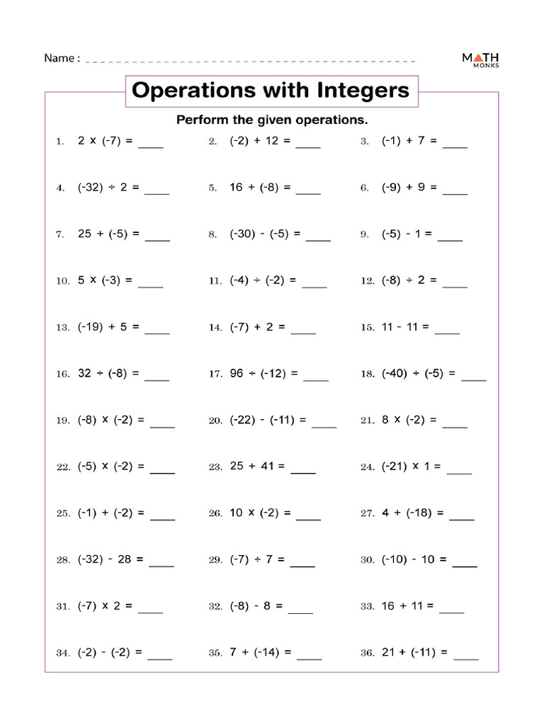 7th Grade Integers Worksheet Grade 7 | PDF