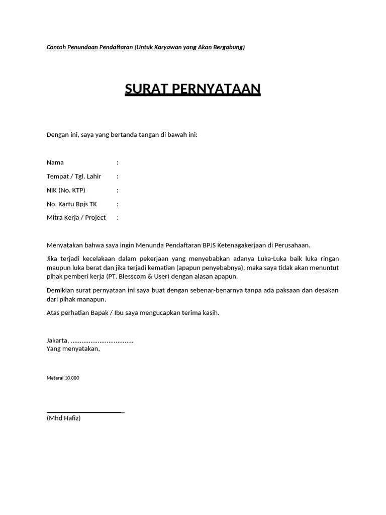 DRAFT SURAT PERNYATAAN PENONAKTIFAN & PENUNDAAN BPJS TK - Karyawan Baru ...