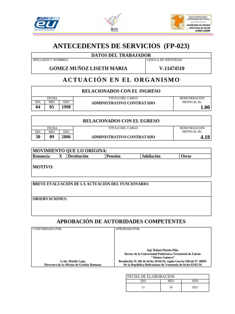 Formato Planilla FP-023 | PDF