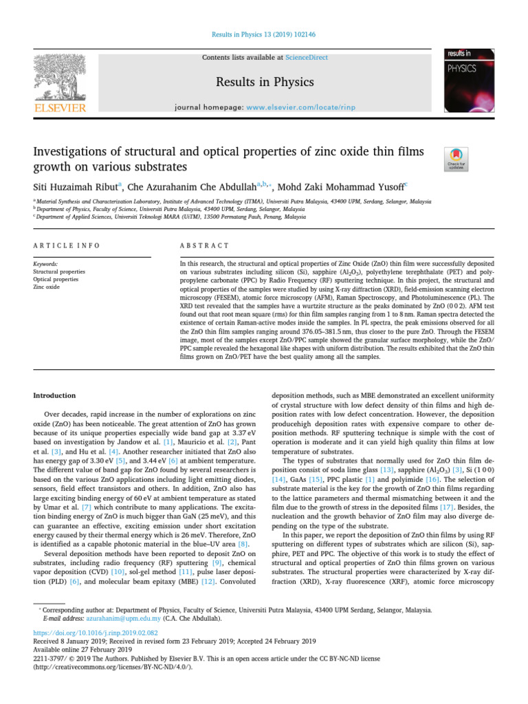 Investigations of Structural and Optical Properties of Zinc - 2019 ...