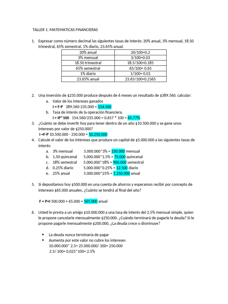 Taller 1. Matematicas Financieras | PDF
