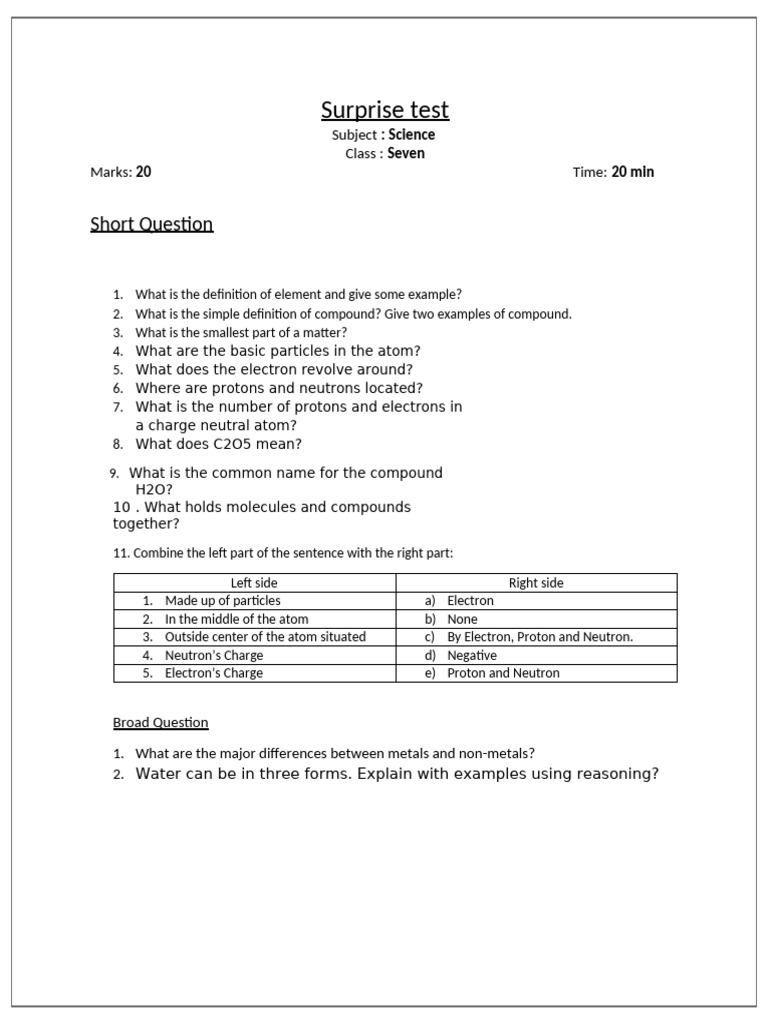 Surprise Test Class 7 Science | PDF