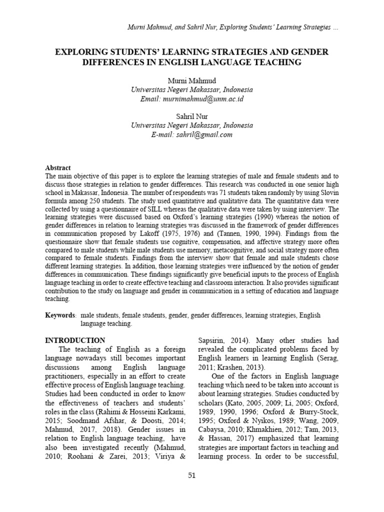 Exploring Students' Learning Strategies and Gender Differences in ...