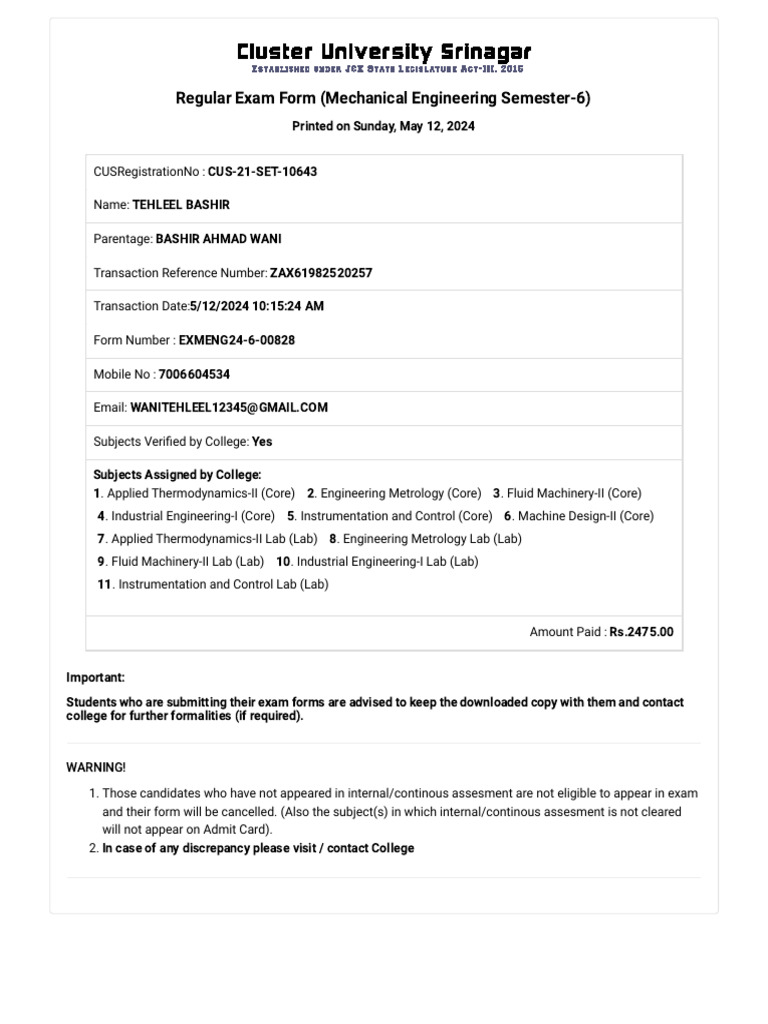 Examination Form | PDF