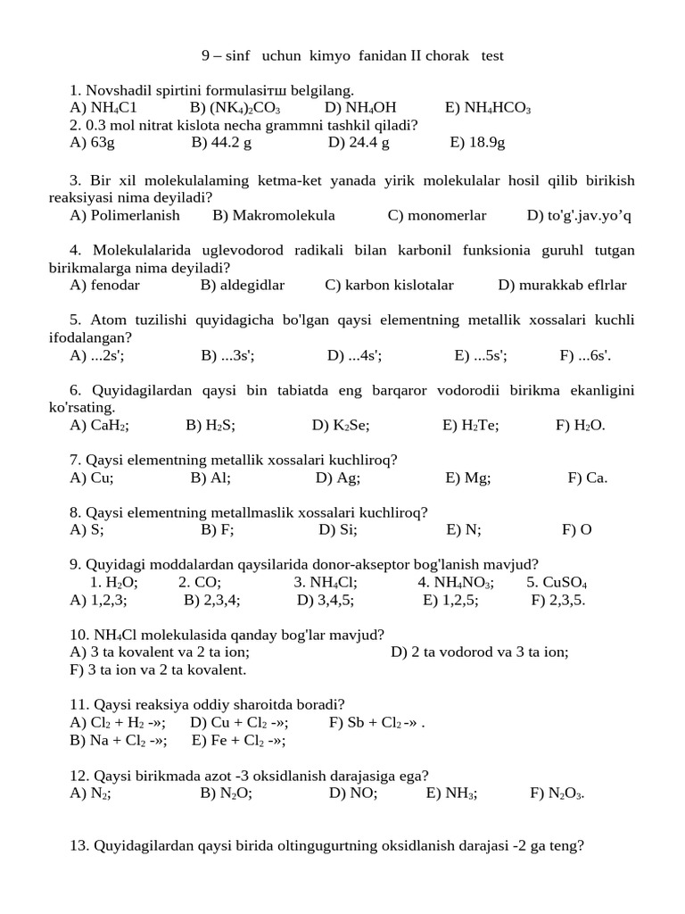 8 sinf kimyodan testlar