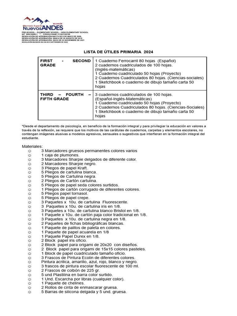 Lista de Útiles Escolares 2024 | PDF | Materiales biodegradables ...