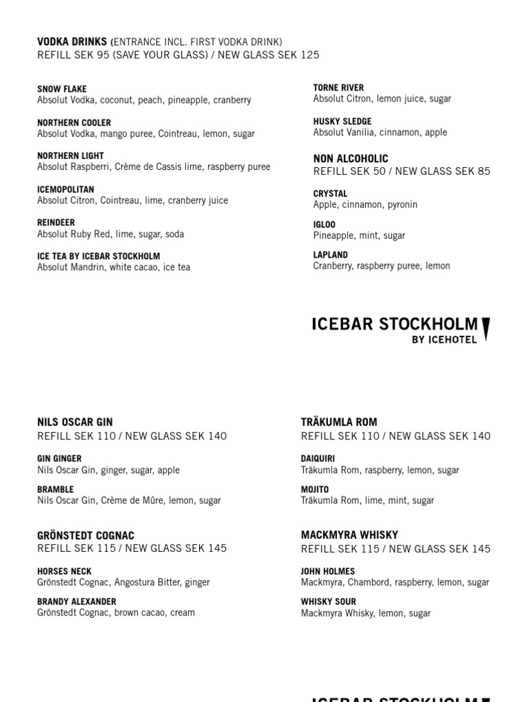 Vodka Cocktails Menu at ICEBAR Stockholm | PDF