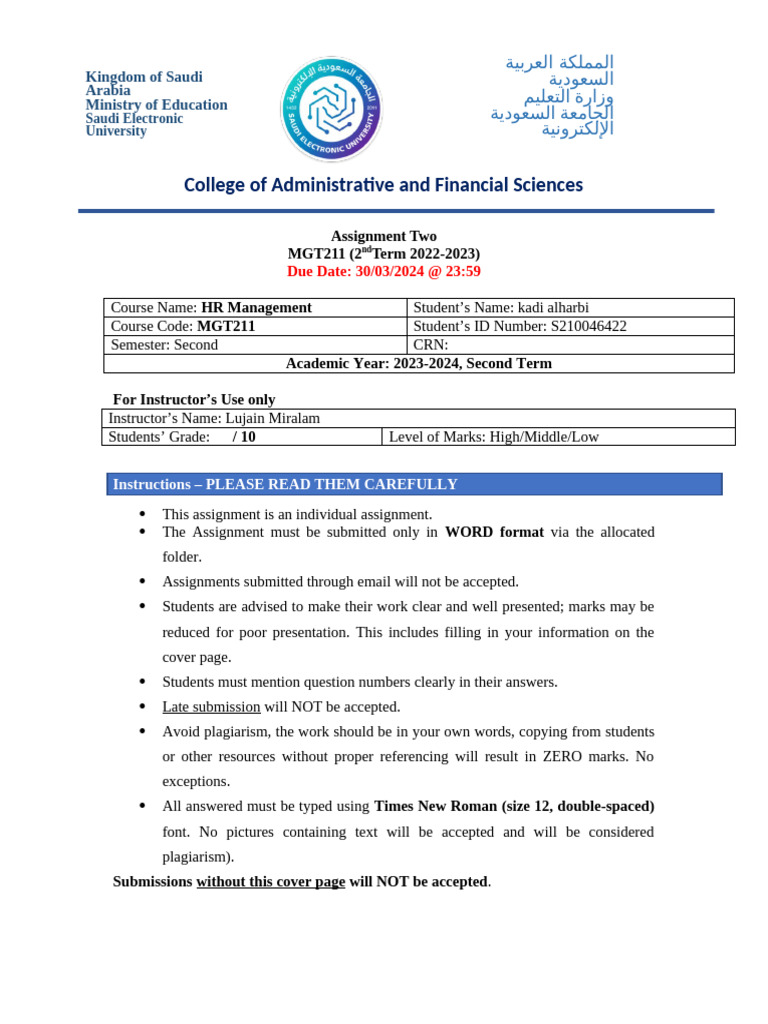 Assignment TWO MGT211 (23-24) | PDF