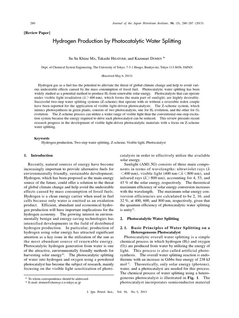 Hydrogen Production by Photocatalytic Water Splitting: (Review Paper) | PDF