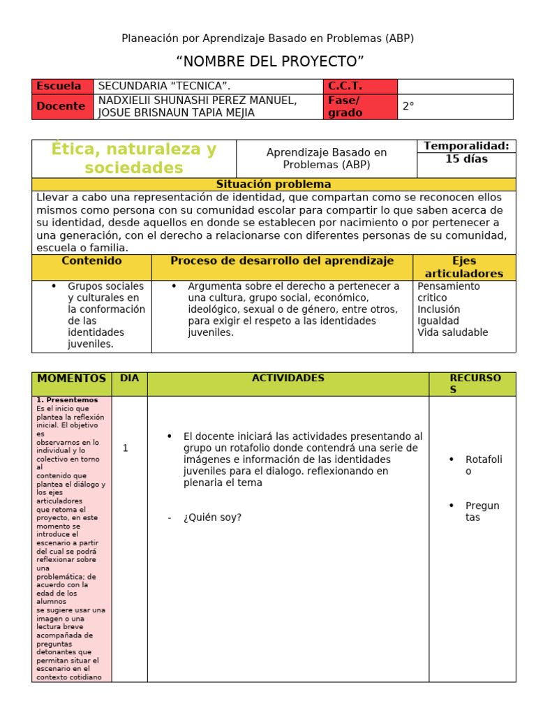 Planeacion Por Proyectos ABP - IDENTIDAD | PDF | Maestros | Evaluación