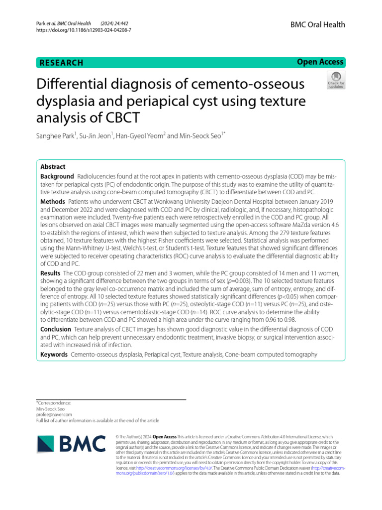 Differential diagnosis of cementoosseous dysplasia and periapical cyst