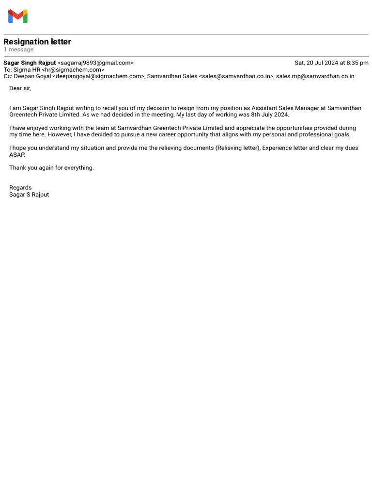 Samvardhan Greentech Gmail - Resignation Letter | PDF