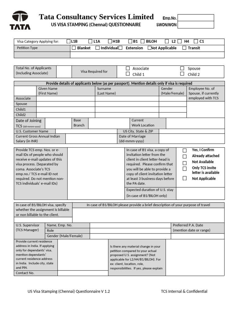 US Visa Stamping (Chennai) Questionnaire V 1.3 | PDF