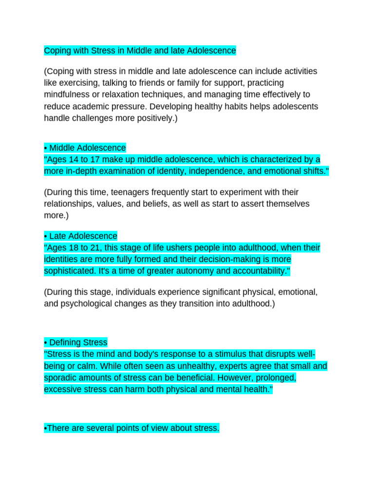 Coping With Stress in Middle and Late Adolescence | PDF | Stress ...
