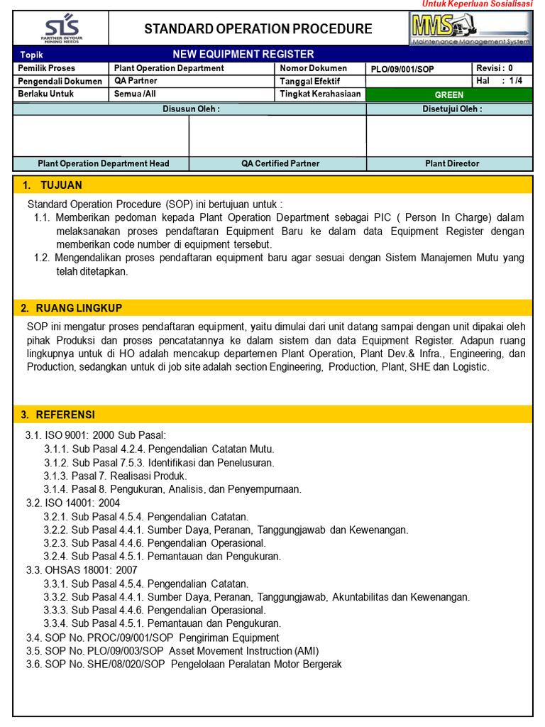 PLO 09 001 SOP New Equipment Register | PDF