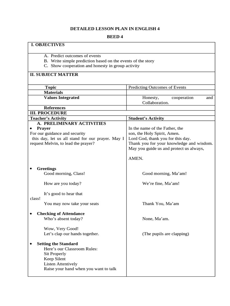 Lesson Plan: Predicting Outcomes in English | PDF