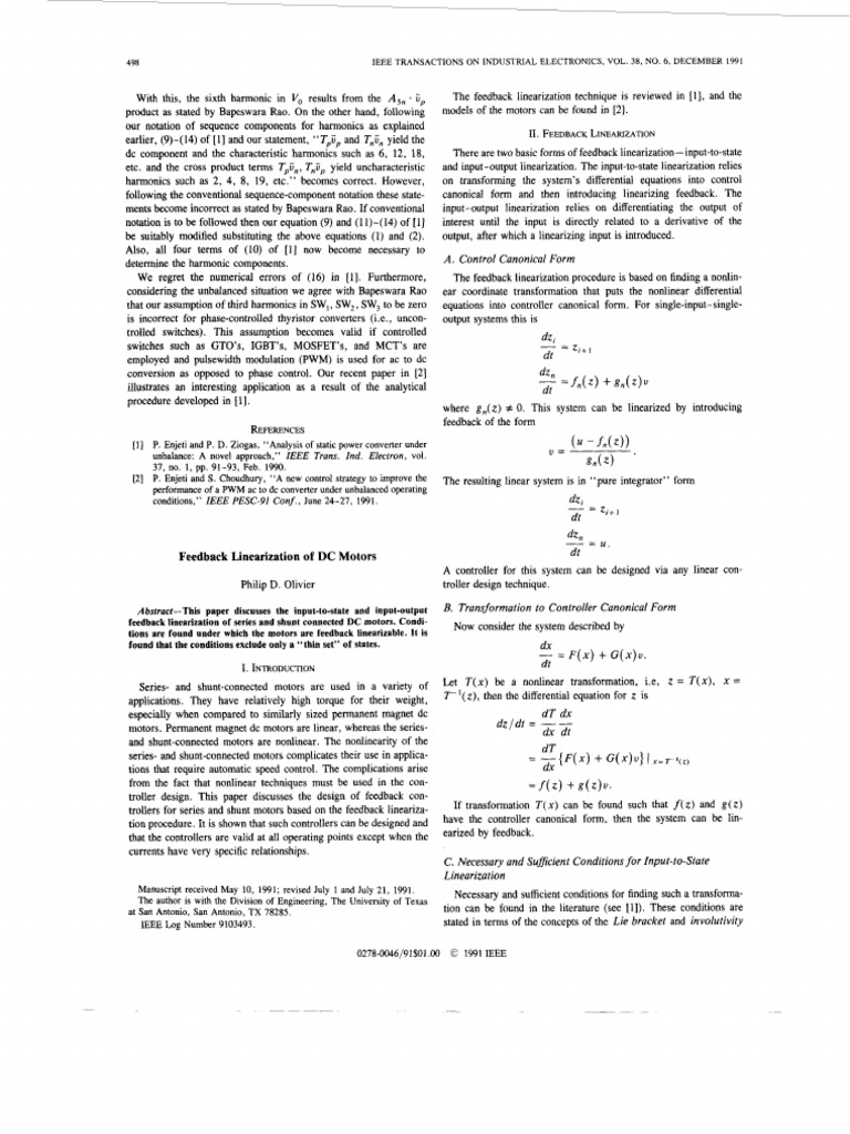 Feedback Linearization of DC Motors | PDF