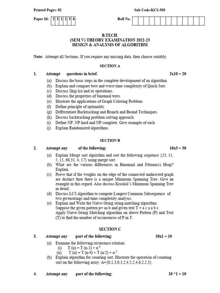 B.Tech Algorithm Exam Paper 2023 | PDF | Computer Programming ...