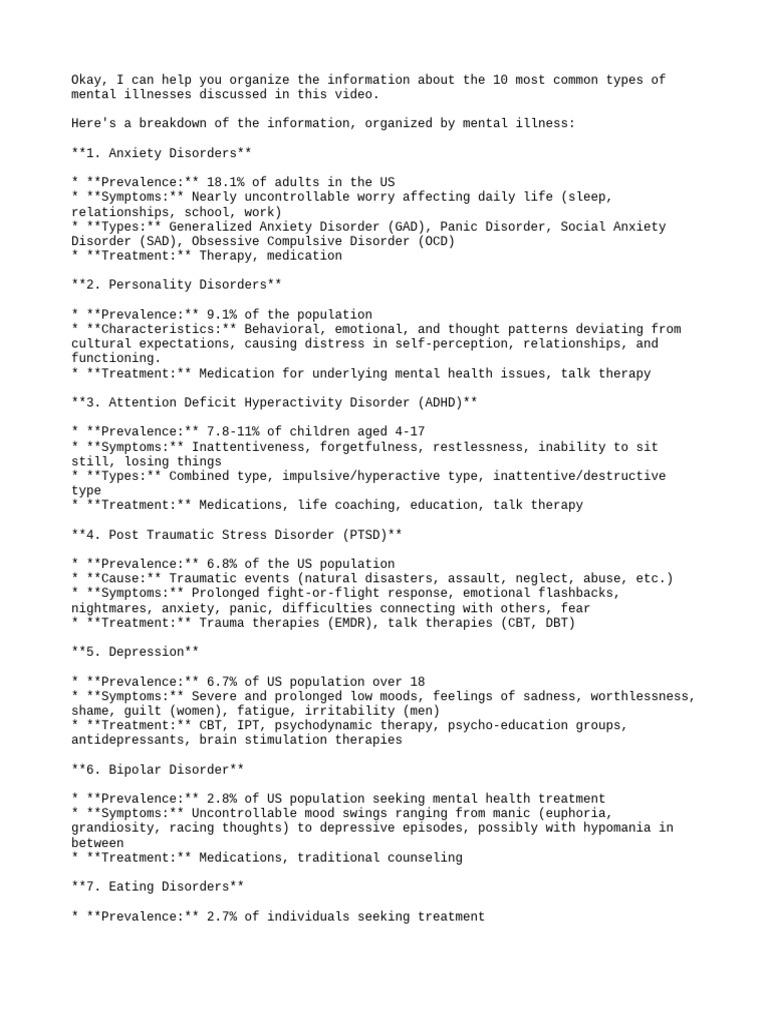 Top 10 Common Mental Illnesses Pdf Mental Disorder Wellness