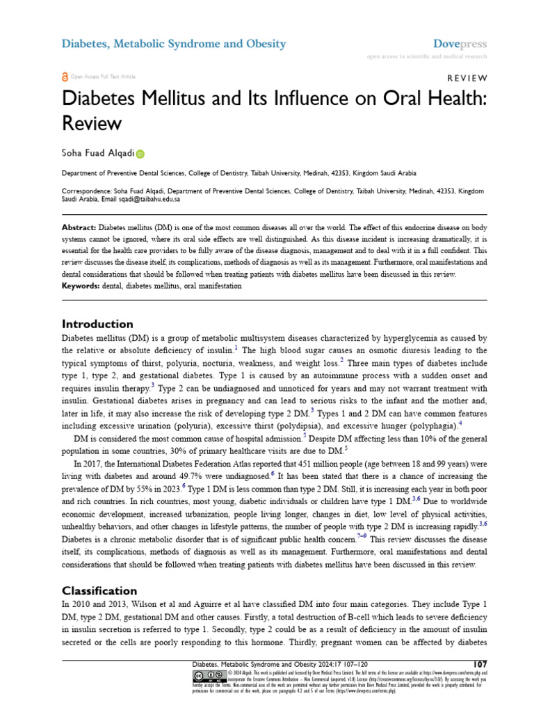 DMSO 426671 Diabetes Mellitus and Its Influence On Oral Health Review | PDF