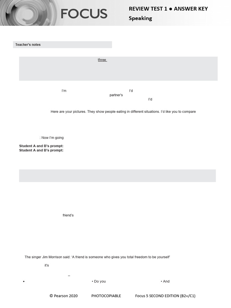 Focus5 2E Review Test 1 Units1 3 Speaking ANSWERS | PDF