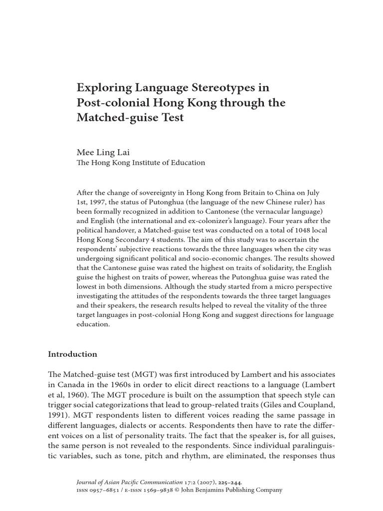 Exploring Language Stereotypes in HK through MGT | PDF