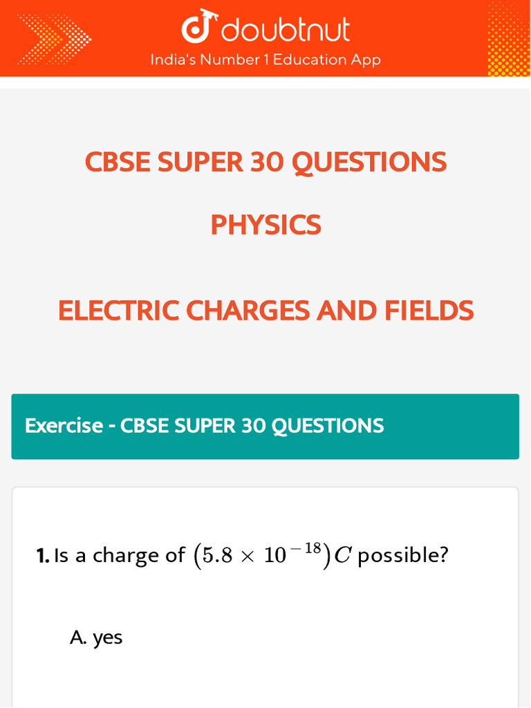 Cbse Super 30 Questions Class 12 Physics Electric Charges and Fields ...