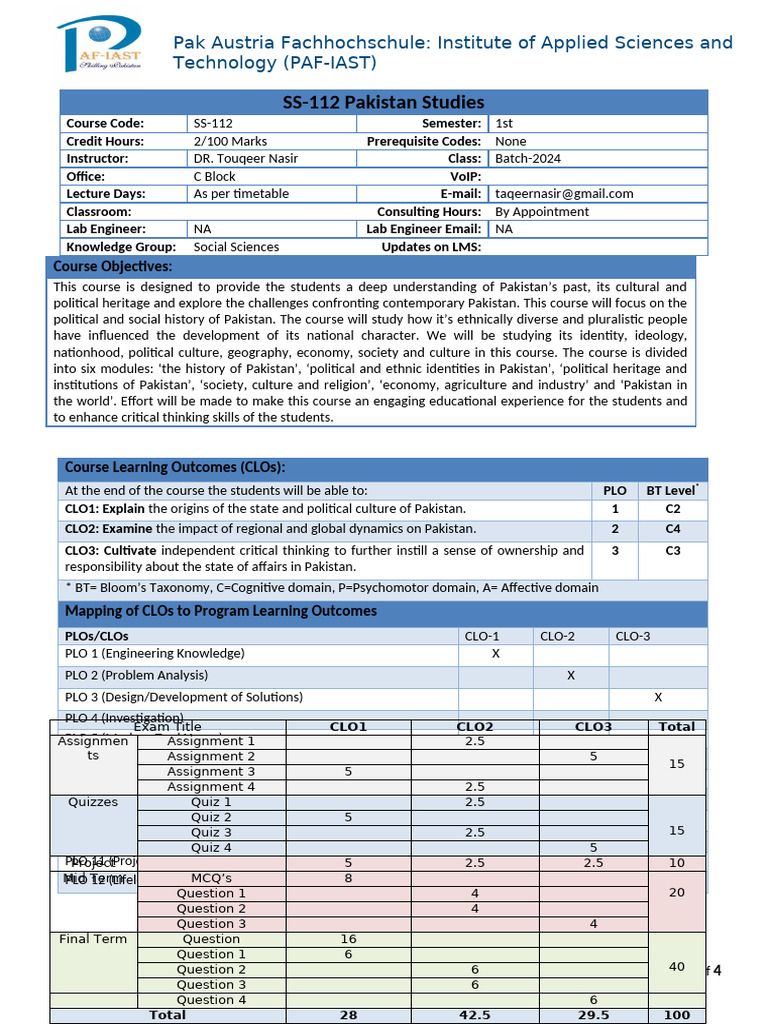Course Card Pakistan Studies-Fall 2024 by DR Touqeer Nasir | PDF