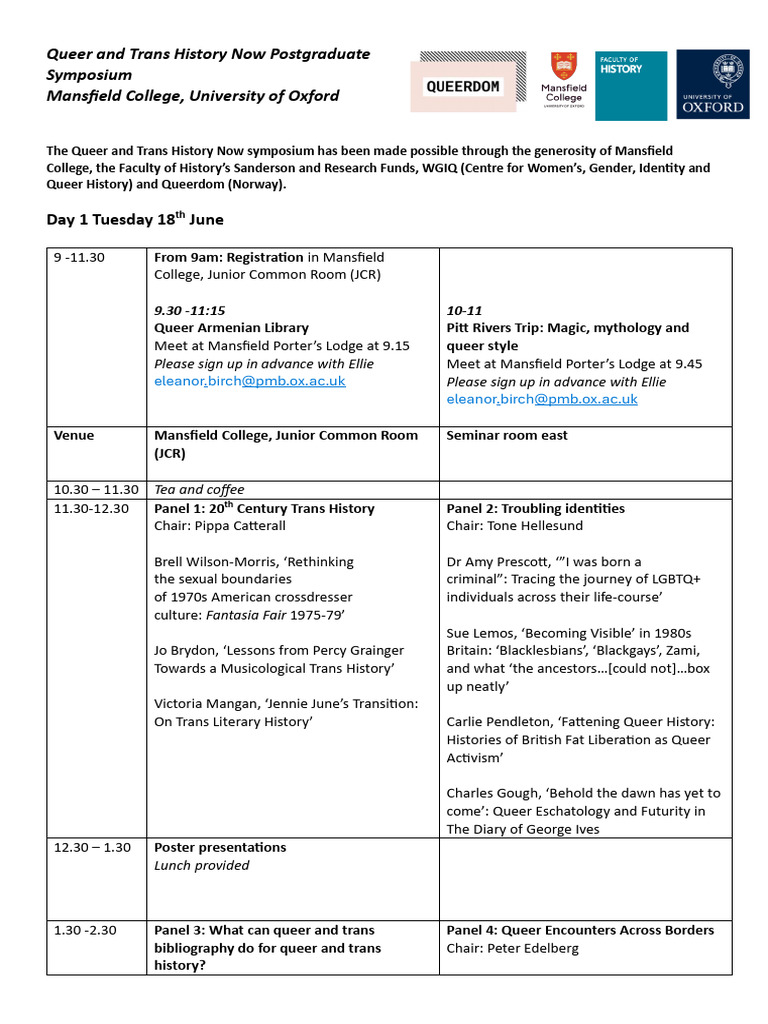 Queer and Trans History Now Postgraduate Symposium Final Programme | PDF