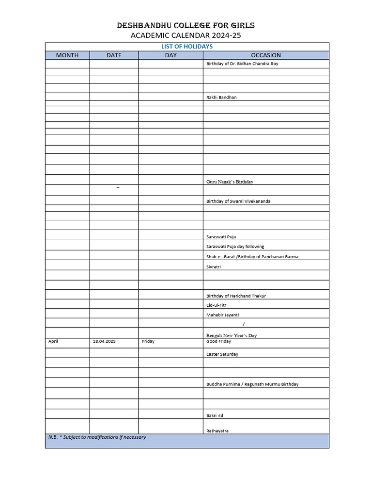 Academic Calendar 2024 - 25 With Holiday List - DBCG | PDF