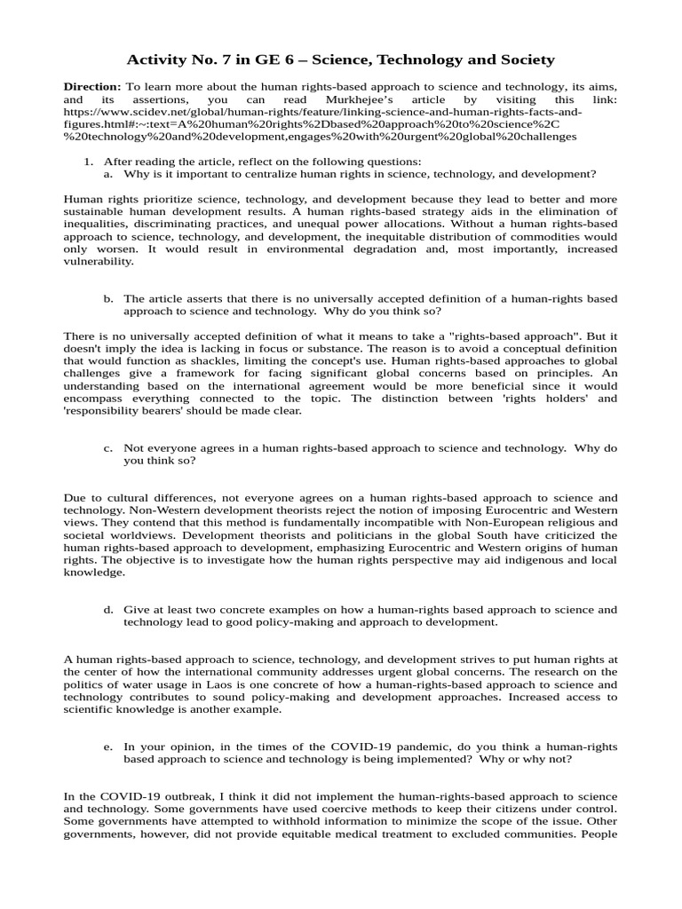 Activity No. 7 in GE 6 - Science, Technology and Society | PDF
