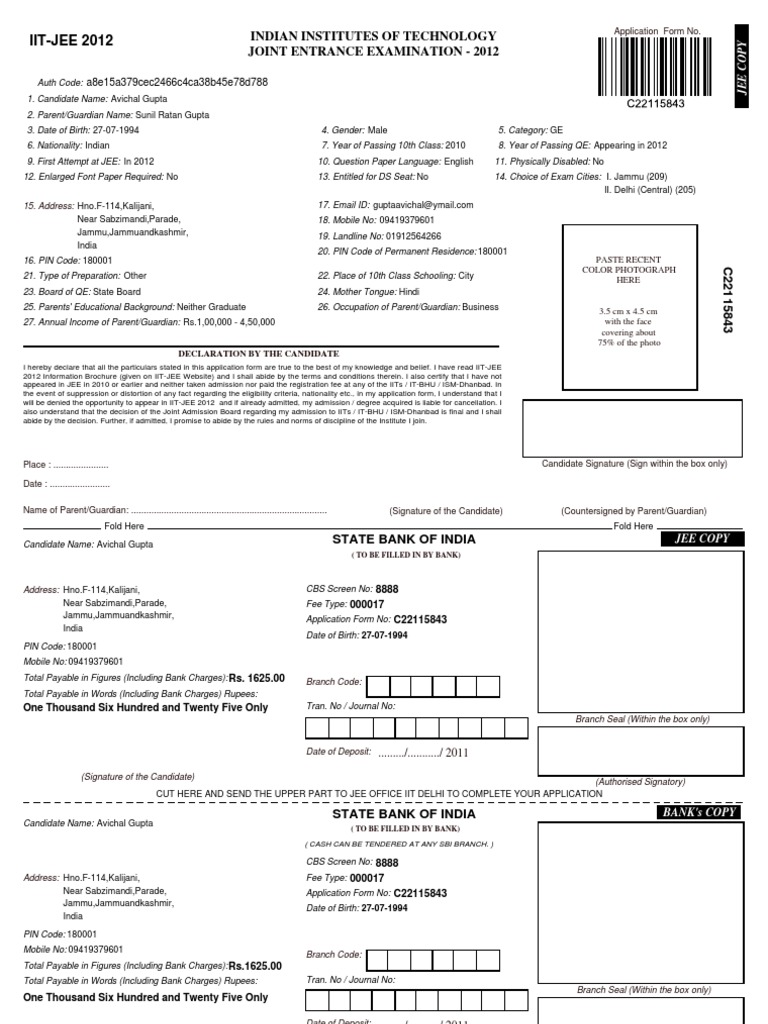 IIT-JEE 2012 Application Form | PDF | Test/Examination | Business