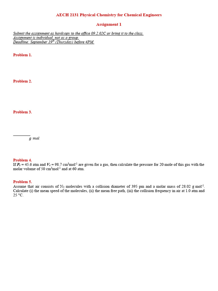 Physical Chem Assignment 1 | PDF