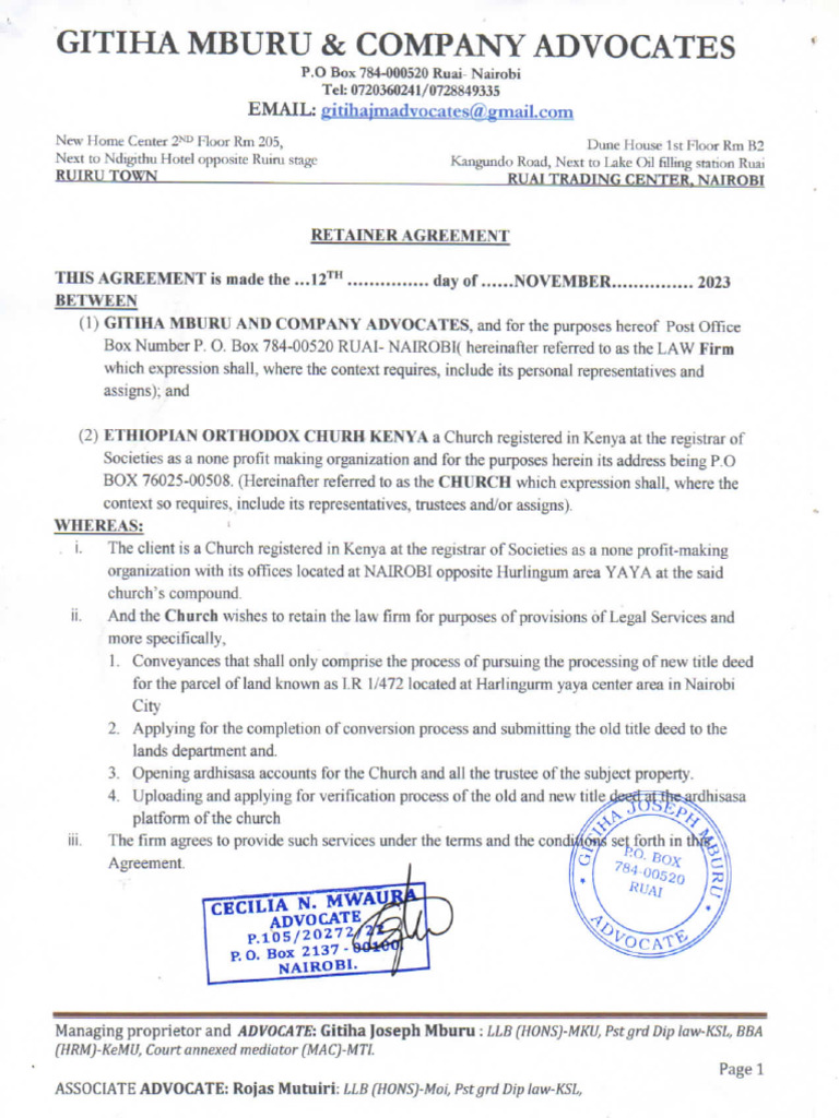 Retainer Agreement Orthodox Church Kenya | PDF