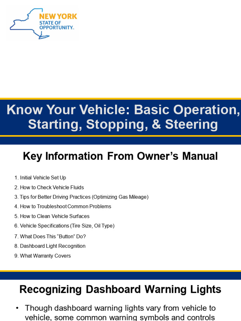 Know Your Vehicle Basic Operation Starting Stopping Steering | PDF