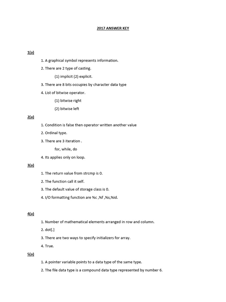 Answer Key of C Language | PDF