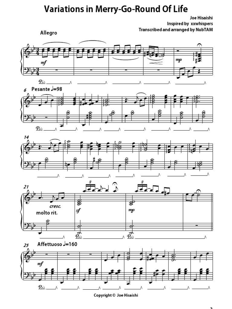 Variations in Merry Go Round Of Life Piano Sheet Music