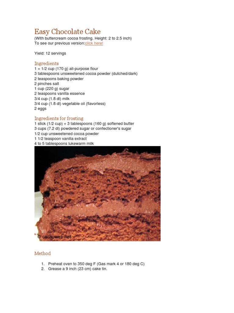 Easy Chocolate Cake Recipe with Frosting | PDF