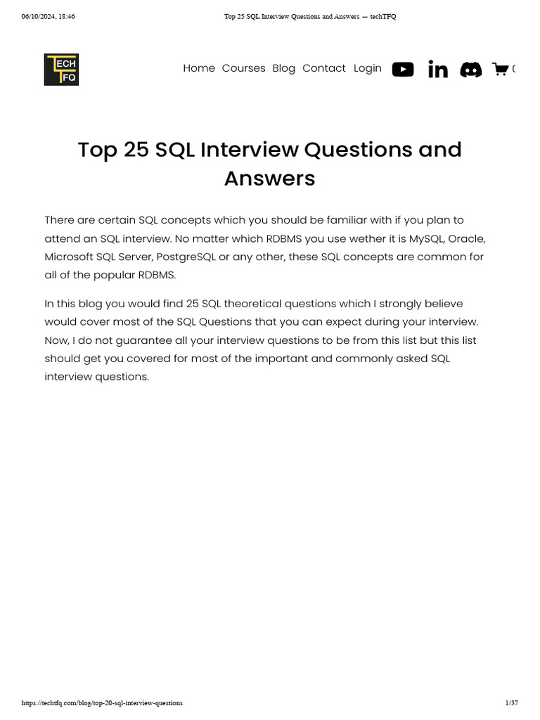 Top 25 SQL Interview Questions and Answers - TechTFQ | PDF
