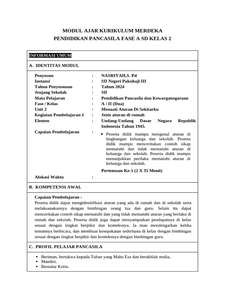 Modul Ajar Kurikulum Merdeka Kelas 2 | PDF