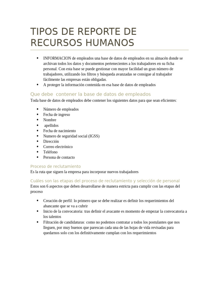Tipos de Reporte de Recursos Humanos Rodrigo 4to PC | PDF