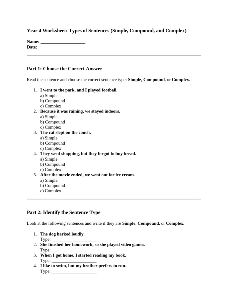 Year 4 Worksheet Types of Sentences | PDF