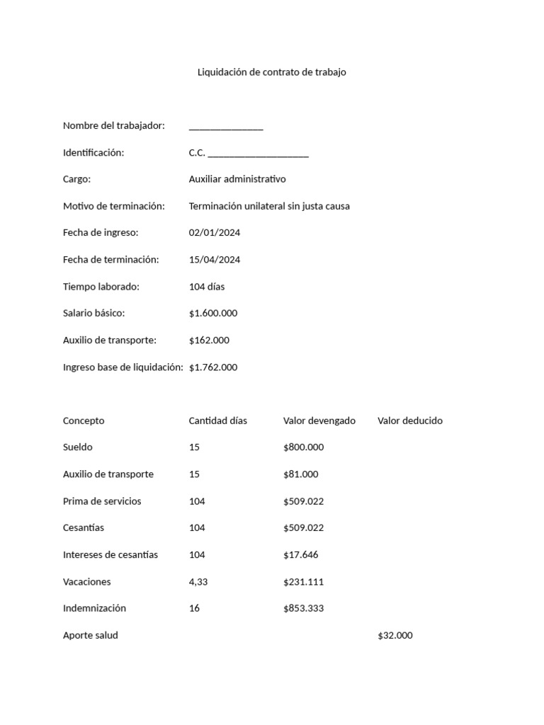 LIQUIDACIÓN DE CONTRATO DE TRABAJO A TERMINO FIJO - copia | PDF