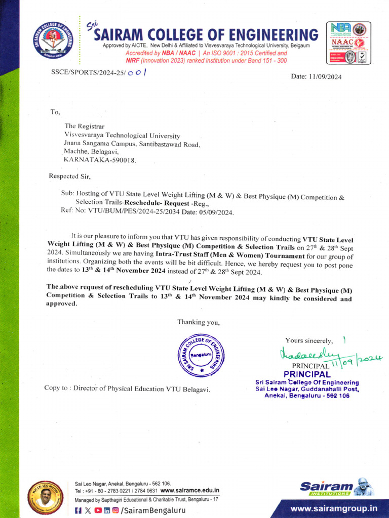 VTU Weightlifting Competition Reschedule Request | PDF