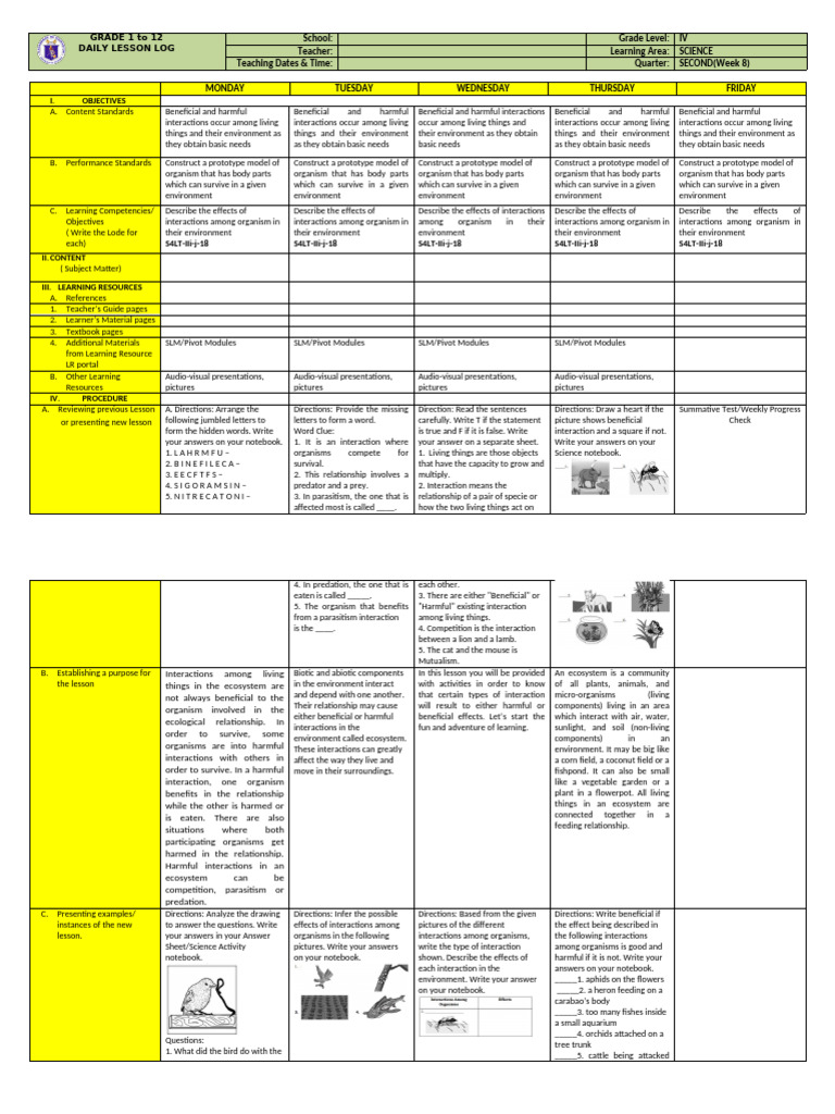 Grade 4 Science Daily Lesson Log | PDF | Predation | Parasitism