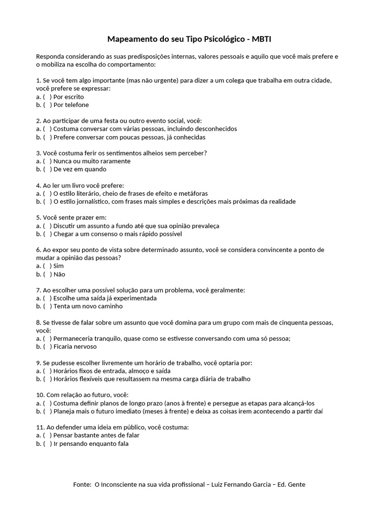 Questionário MBTI e Tabulação Respostas | PDF