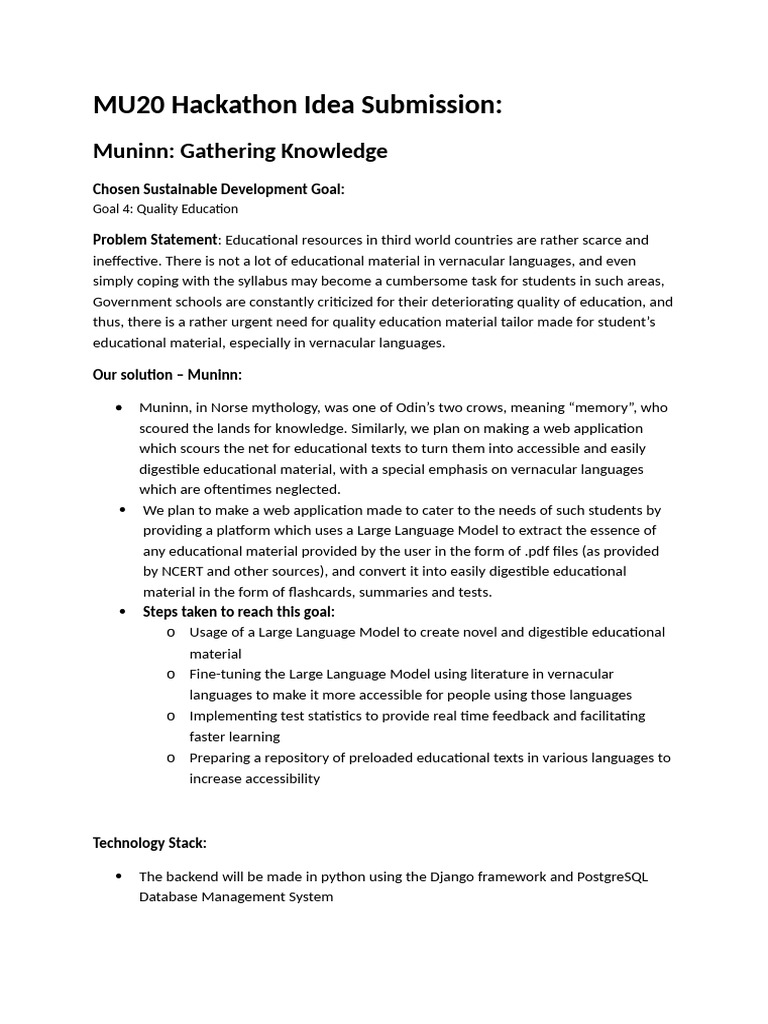 MU20 Hackathon Idea Submission RIS Indore | PDF
