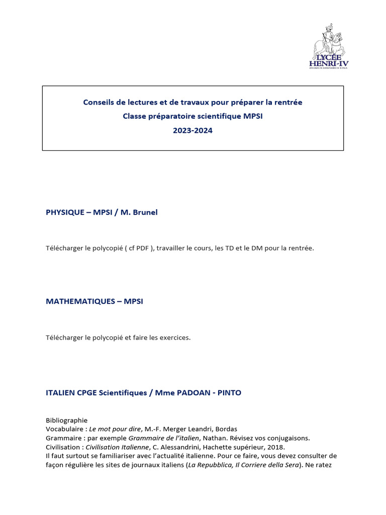 Mpsi 2023 2024 1 | PDF