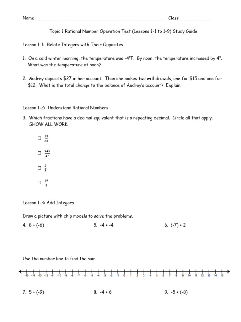 Lessons 1 1 to 1 9 rational number operations test study guide 2023