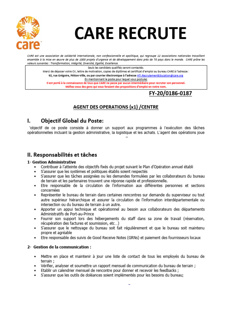 CARE Recrute FY20 Agent Des Operations Et Agents de Terrain Centre | PDF